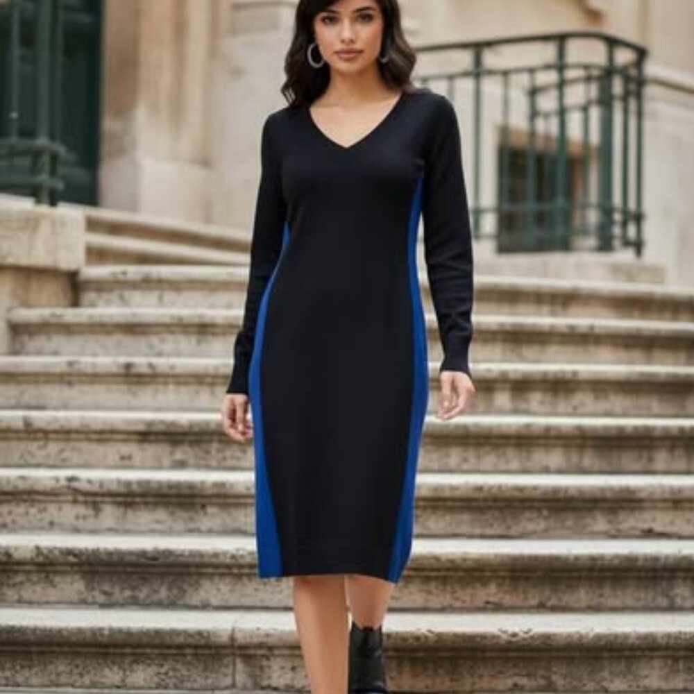 ANN TAYLOR BLACK/BLUE STRIPE SWEATER DRESS